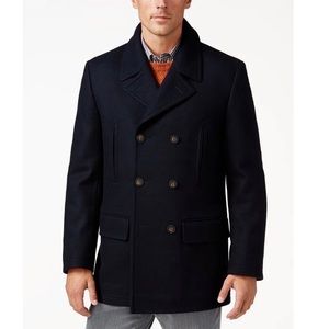 LRL Luke Solid Wool-Blend Pea Coat Size 42R Dark Navy Blue New w/Tag $395